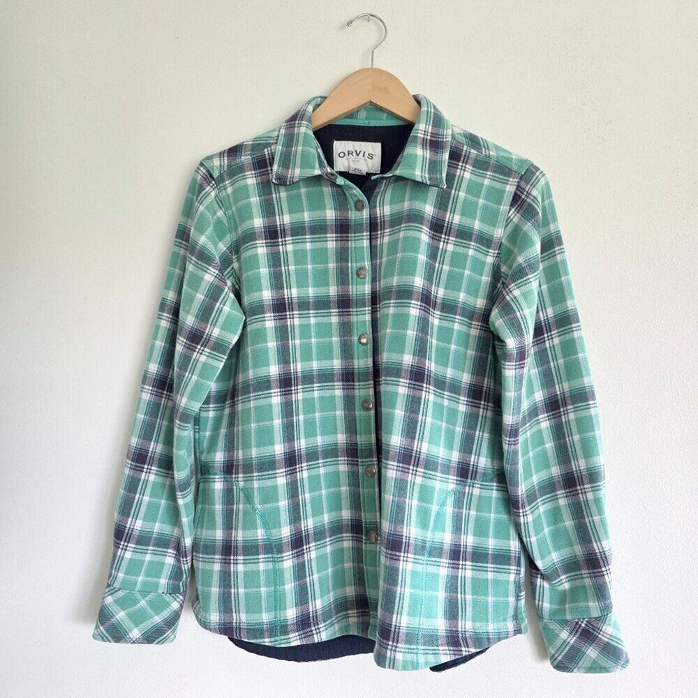 Orvis Flannel Shacket, Fleece Lined Green and Blue Shirt Jacket, Fall Transition